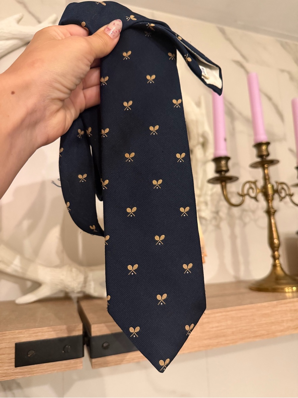 Vintage Navy Blue Tennis Motif Silk Tie